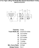 3 ton tiger lifting tg single bar geared hoist beam trolley specification diagram