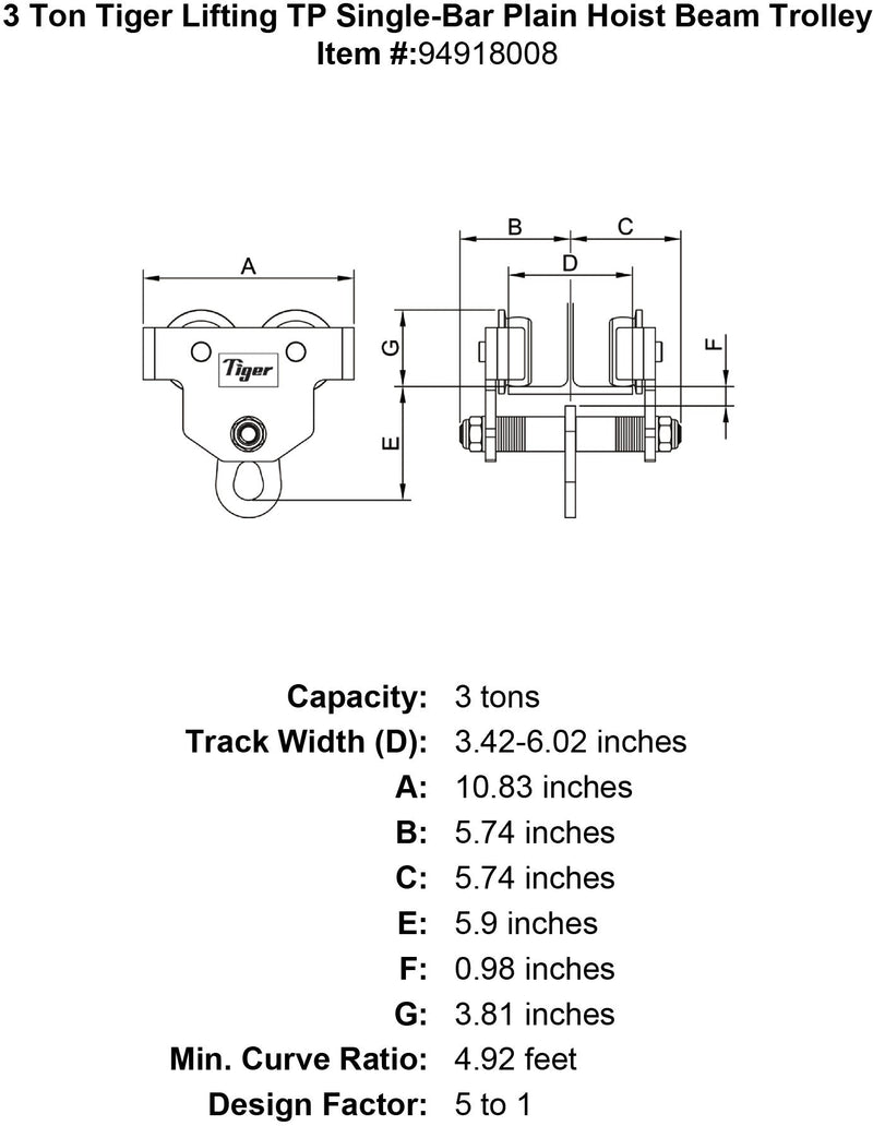 3 ton tiger lifting tp single bar plain hoist beam trolley specification diagram