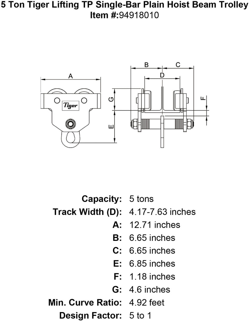 5 ton tiger lifting tp single bar plain hoist beam trolley specification diagram