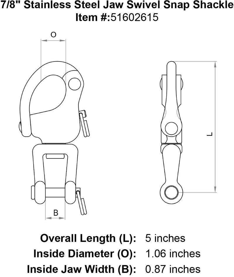 7/8 inch Stainless Steel Jaw Swivel Snap Shackle Specification Diagram