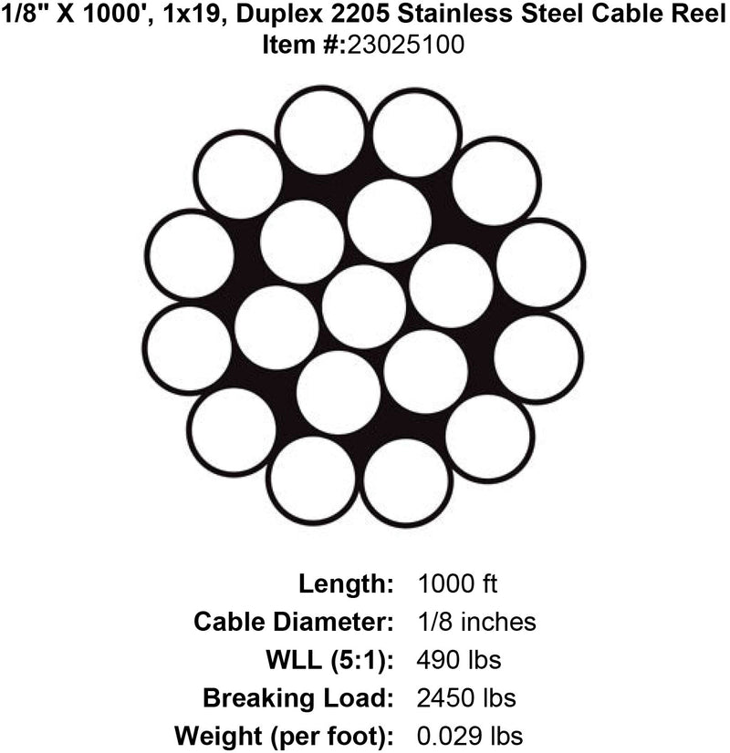 one eighth x 1000 foot 1 x 19 duplex 2205 stainless cable specification diagram