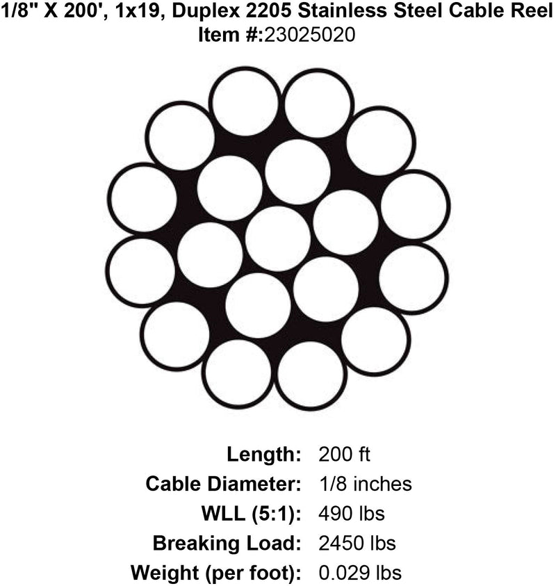 one eighth x 200 foot 1 x 19 duplex 2205 stainless cable specification diagram
