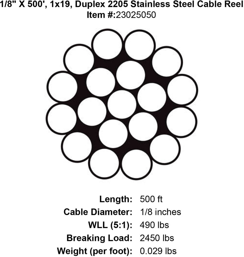 one eighth x 500 foot 1 x 19 duplex 2205 stainless cable specification diagram