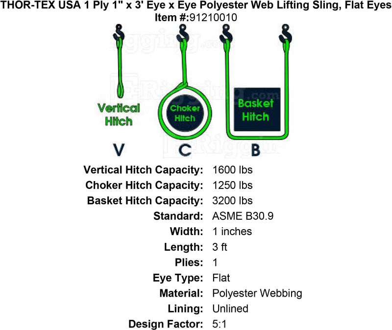 THOR-TEX USA 1 ply 1 3 eye eye sling flat eyes specification diagram