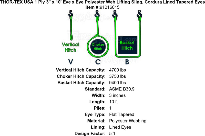 THOR-TEX USA 1 ply 3 10 eye eye sling lined tapered eyes specification diagram