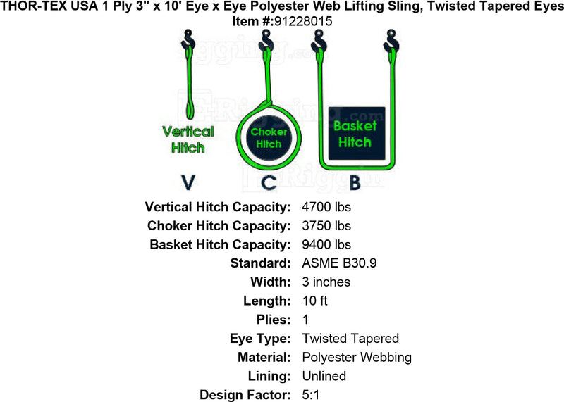 THOR-TEX USA 1 ply 3 10 eye eye sling twisted tapered eyes specification diagram
