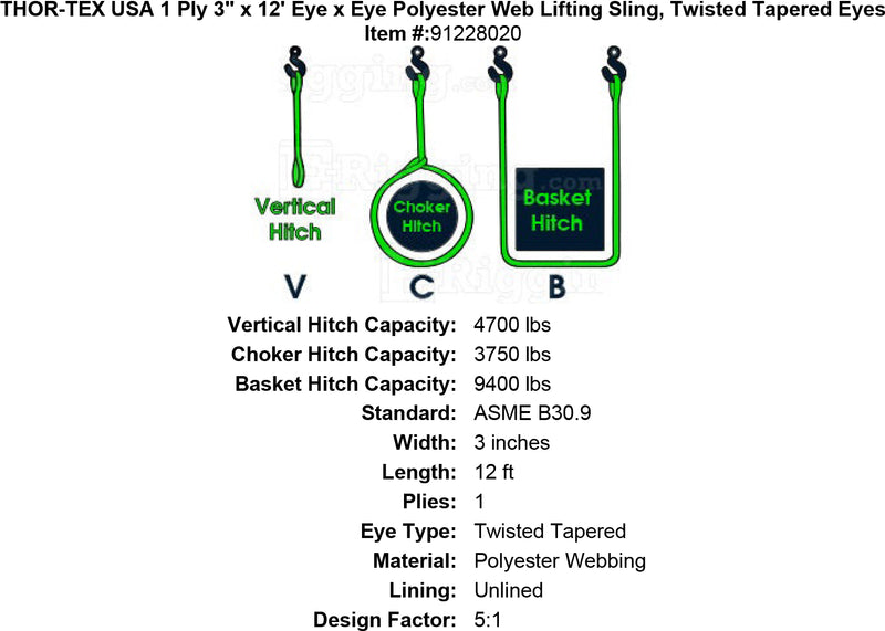 THOR-TEX USA 1 ply 3 12 eye eye sling twisted tapered eyes specification diagram