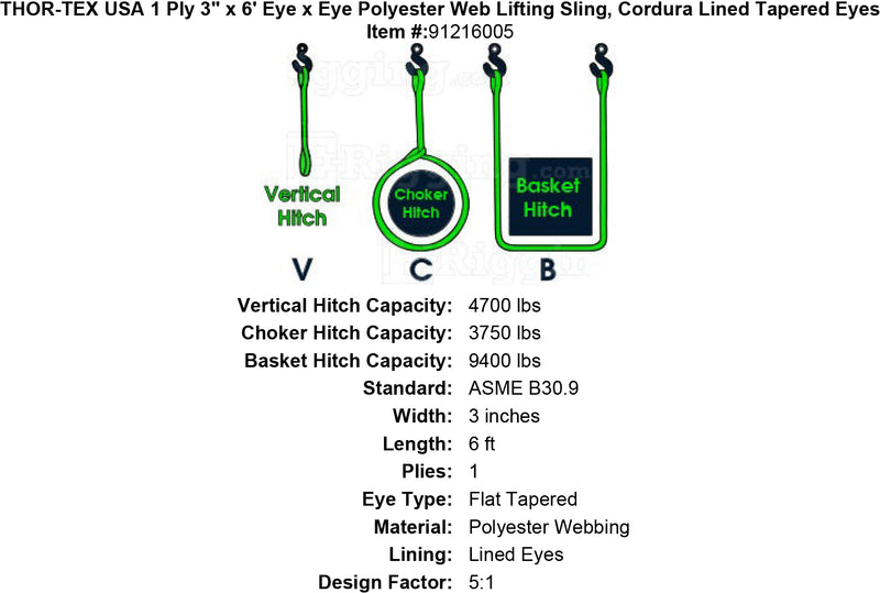 THOR-TEX USA 1 ply 3 6 eye eye sling lined tapered eyes specification diagram