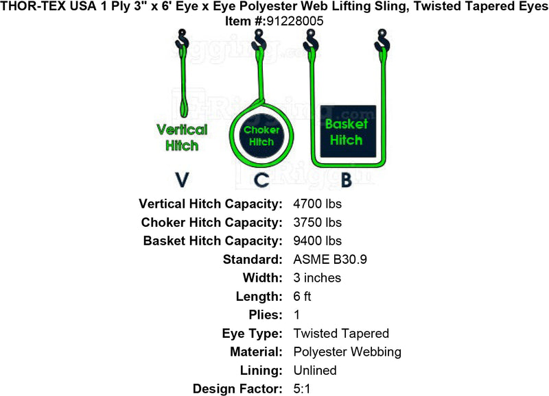THOR-TEX USA 1 ply 3 6 eye eye sling twisted tapered eyes specification diagram