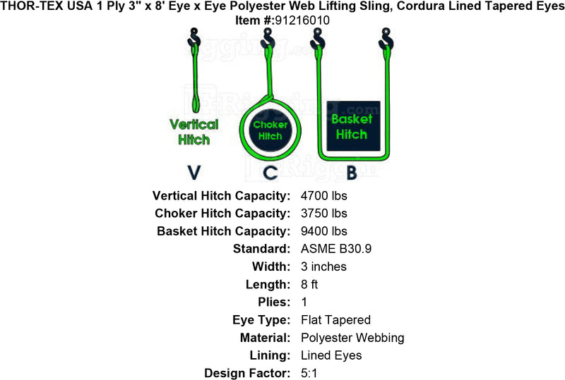 THOR-TEX USA 1 ply 3 8 eye eye sling lined tapered eyes specification diagram