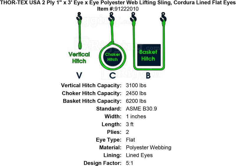 THOR-TEX USA 2 ply 1 3 eye eye sling lined flat eyes specification diagram