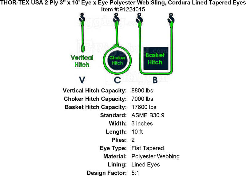 THOR-TEX USA 2 ply 3 10 eye eye sling lined tapered eyes specification diagram
