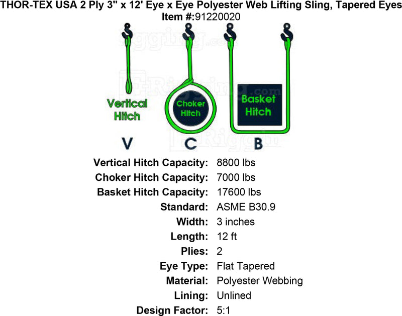 THOR-TEX USA 2 ply 3 12 eye eye sling tapered eyes specification diagram