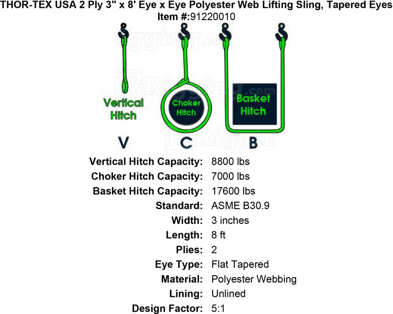 THOR-TEX USA 2 ply 3 8 eye eye sling tapered eyes specification diagram