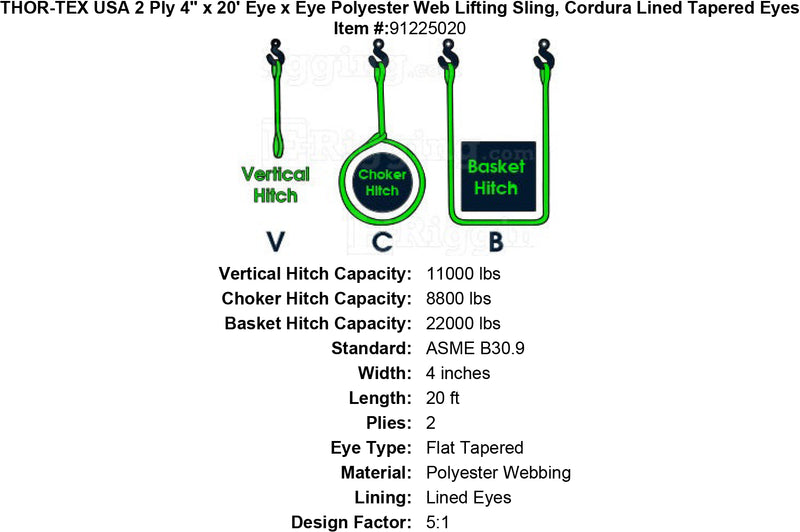 THOR-TEX USA 2 ply 4 20 eye eye sling lined tapered eyes specification diagram