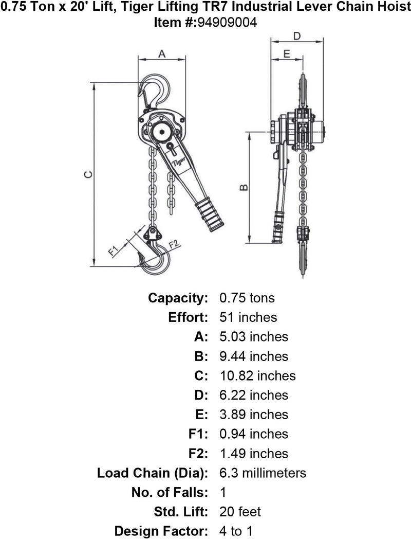0 75 ton x 20 lift tiger lifting tr7 industrial lever chain hoist specification diagram