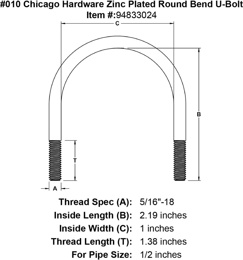 010 chicago hardware zinc plated round bend u bolt specification diagram