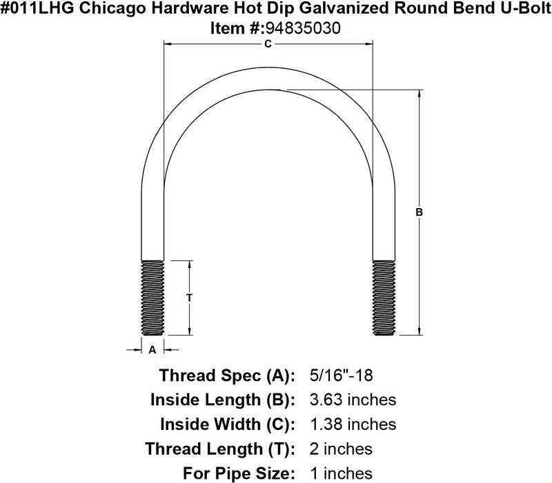011lhg chicago hardware hot dip galvanized round bend u bolt specification diagram