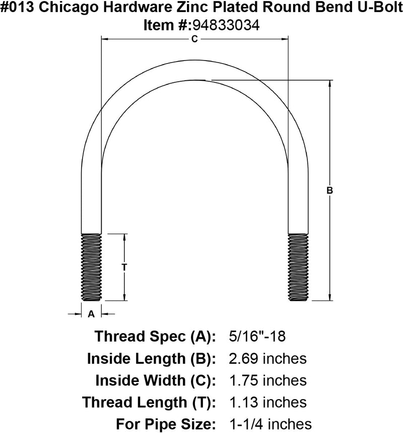 013 chicago hardware zinc plated round bend u bolt specification diagram