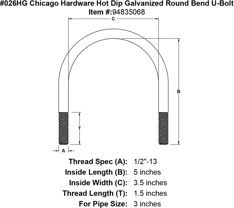 026hg chicago hardware hot dip galvanized round bend u bolt specification diagram