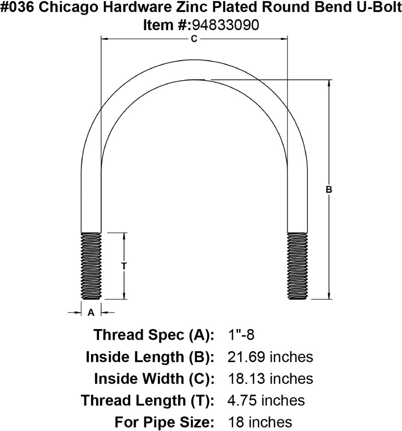 036 chicago hardware zinc plated round bend u bolt specification diagram