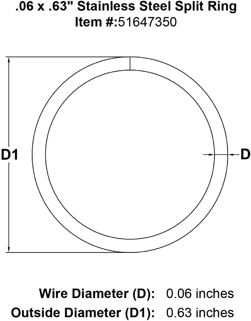 06 x 63 Stainless Steel Split Ring specification diagram
