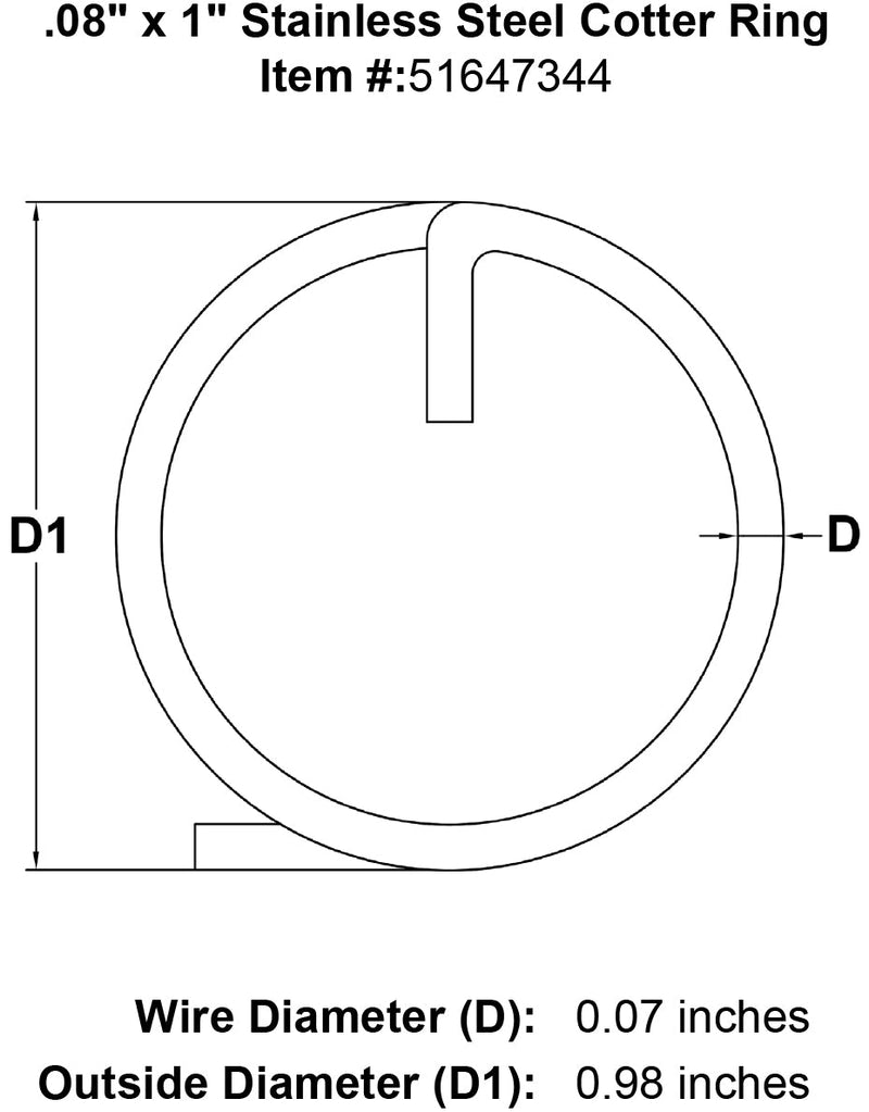 08 x 1 Stainless Steel Cotter Ring specification diagram