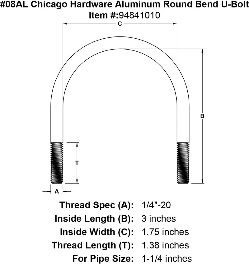 08al chicago hardware aluminum round bend u bolt specification diagram