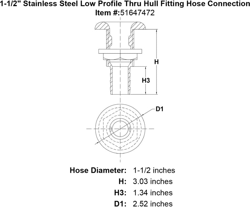 1 1 2 Stainless Steel Low Profile Thru Hull Fitting Hose Connection specification diagram