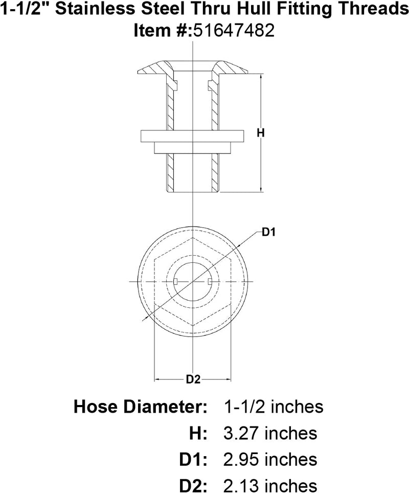 1 1 2 Stainless Steel Thru Hull Fitting Threads specification diagram