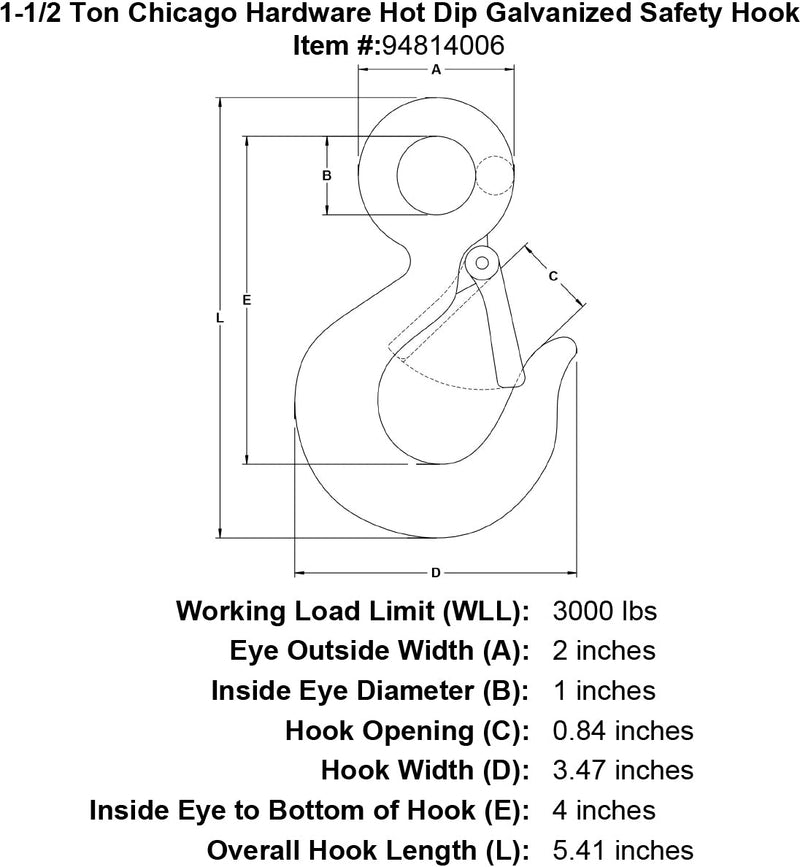 1 1 2 ton chicago hardware hot dip galvanized safety hook specification diagram