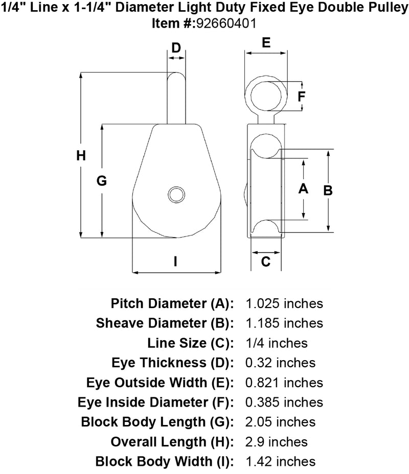 1 1 4 Sheave Zinc Plated Fixed Eye Double Pulley specification diagram