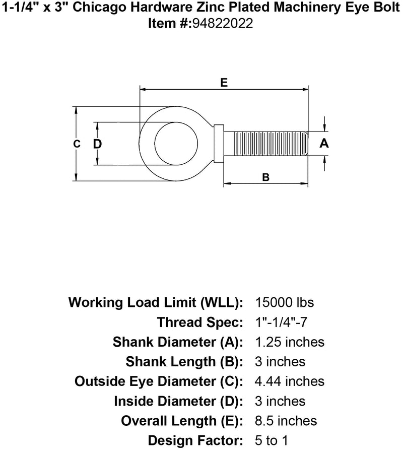 1 1 4 x 3 chicago hardware zinc plated machinery eyebolt specification diagram