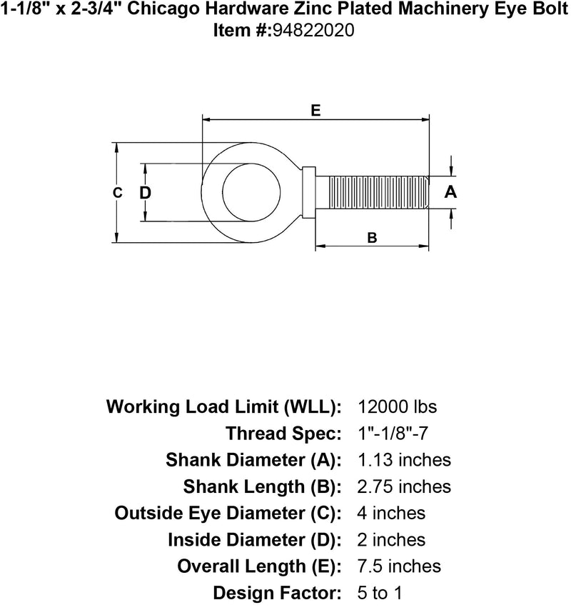 1 1 8 x 2 3 4 chicago hardware zinc plated machinery eyebolt specification diagram