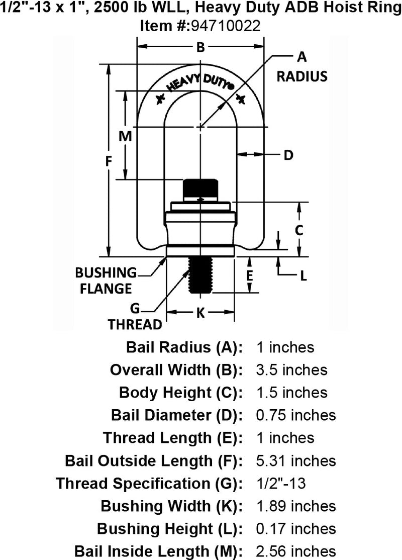 1 2 13 x 1 00 2500 lb Heavy Duty Hoist Ring specification diagram