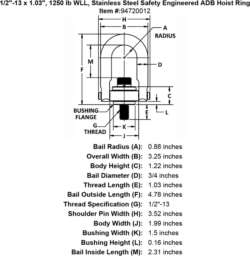 1 2 13 x 1 03 1250 lb Stainless Steel Safety Engineered Hoist Ring specification diagram