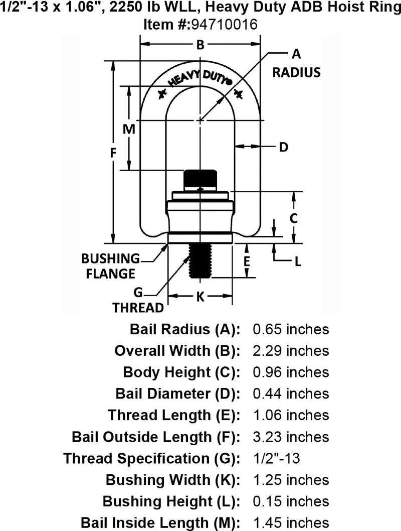 1 2 13 x 1 06 2250 lb Heavy Duty Hoist Ring specification diagram
