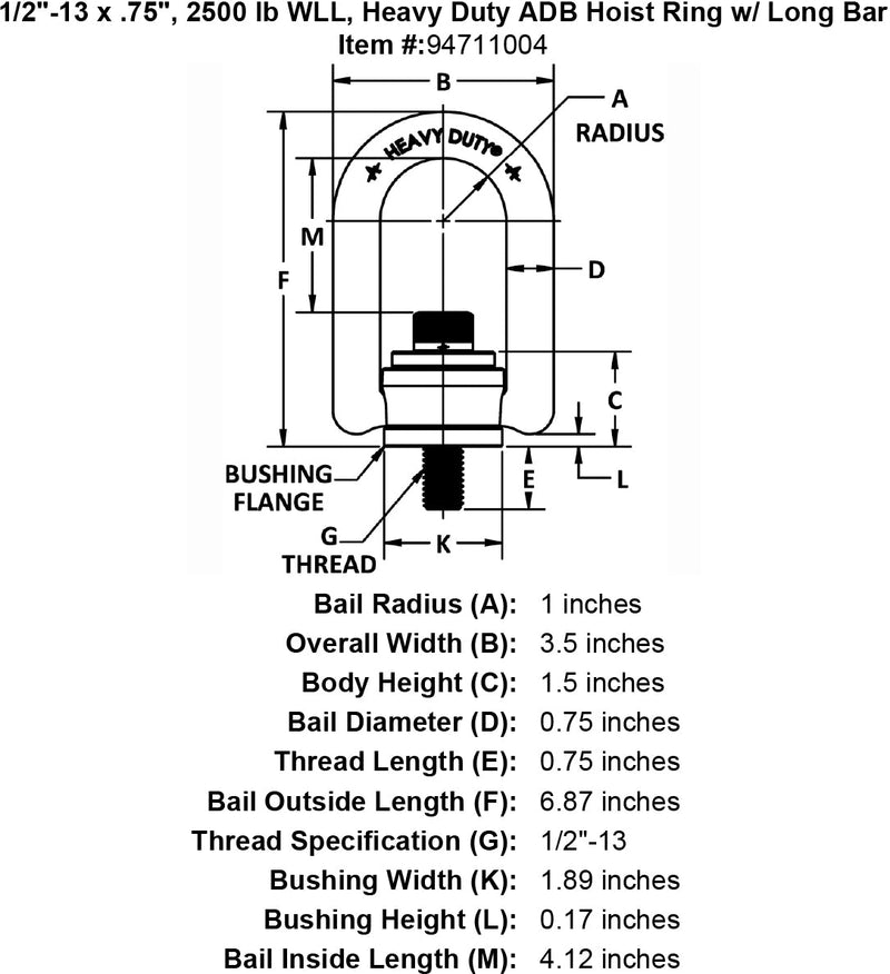 1 2 13 x 75 2500 lb Heavy Duty Hoist Ring Long Bar specification diagram