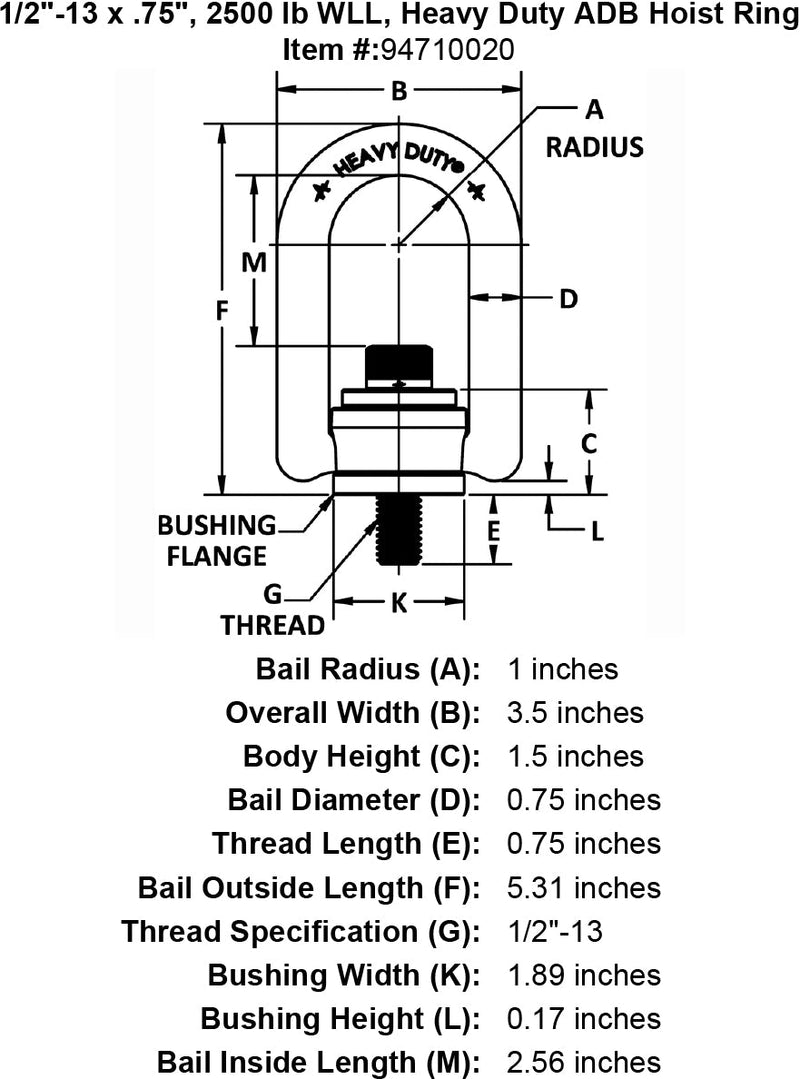 1 2 13 x 75 2500 lb Heavy Duty Hoist Ring specification diagram