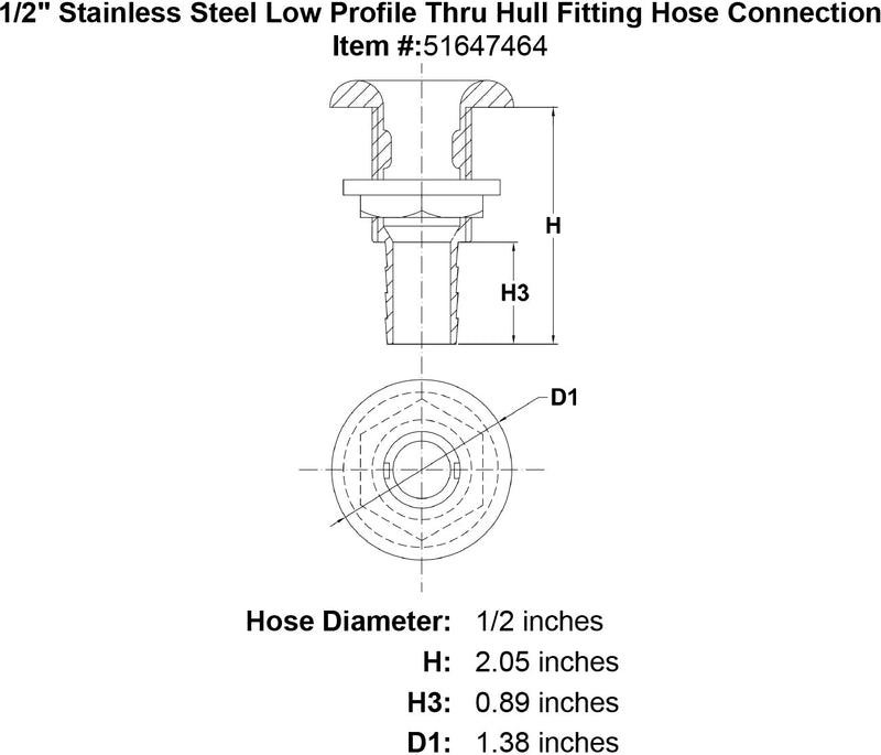 1 2 Stainless Steel Low Profile Thru Hull Fitting Hose Connection specification diagram