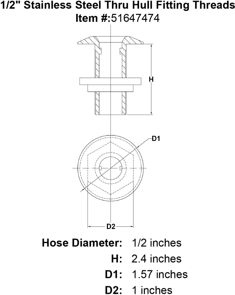 1 2 Stainless Steel Thru Hull Fitting Threads specification diagram