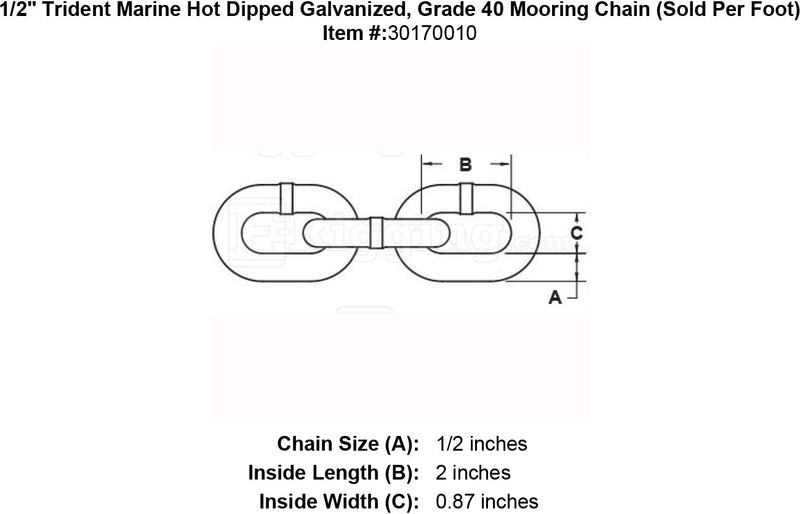 1 2 Trident Marine G4 Hot Dipped Galvanized Mooring Chain specification diagram