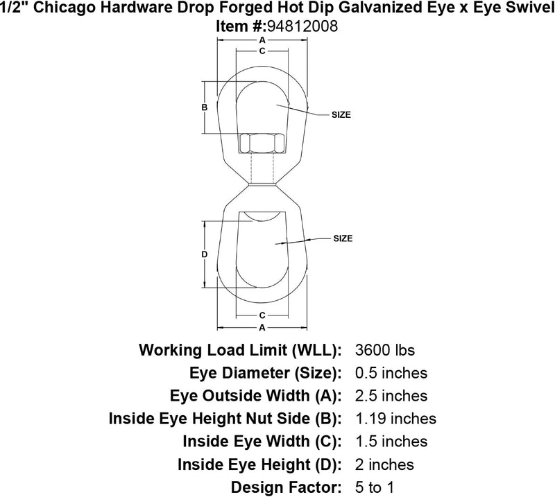 1 2 chicago hardware drop forged hot dip galvanized eye x eye swivel specification diagram