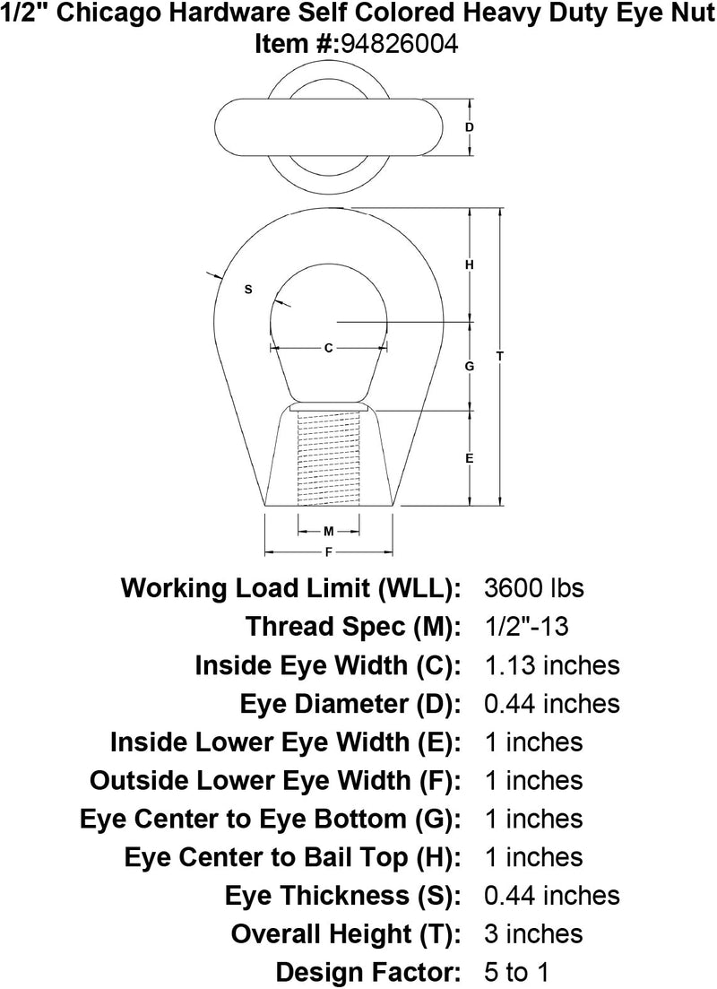 1 2 chicago hardware self colored heavy duty eye nut specification diagram