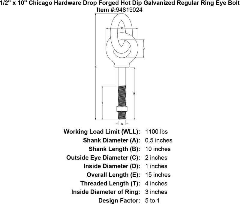 1 2 x 10 chicago hardware drop forged hot dip galvanized regular ring eyebolt specification diagram
