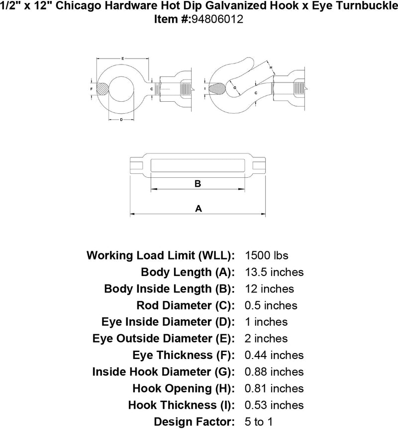 1 2 x 12 chicago hardware hot dip galvanized hook x eye turnbuckle specification diagram