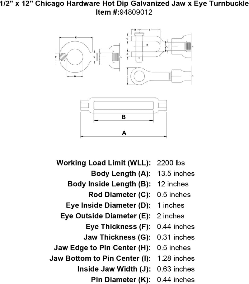 1 2 x 12 chicago hardware hot dip galvanized jaw x eye turnbuckle specification diagram