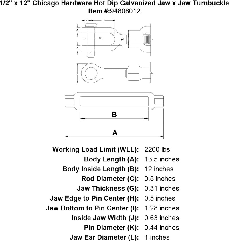 1 2 x 12 chicago hardware hot dip galvanized jaw x jaw turnbuckle specification diagram