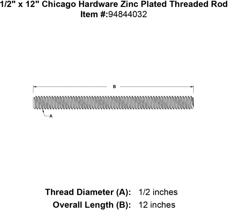 1 2 x 12 chicago hardware zinc plated threaded rod specification diagram