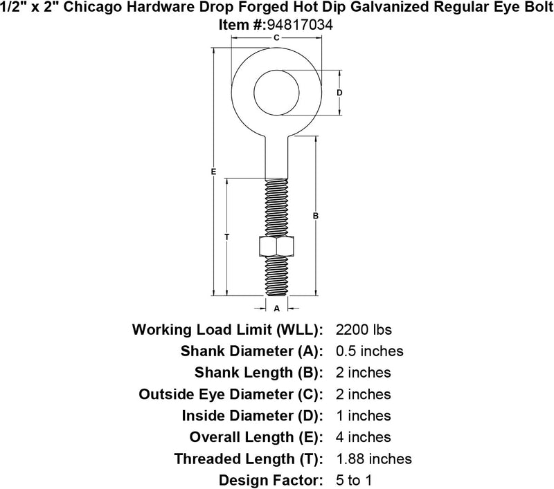 1 2 x 2 chicago hardware drop forged hot dip galvanized regular eyebolt specification diagram